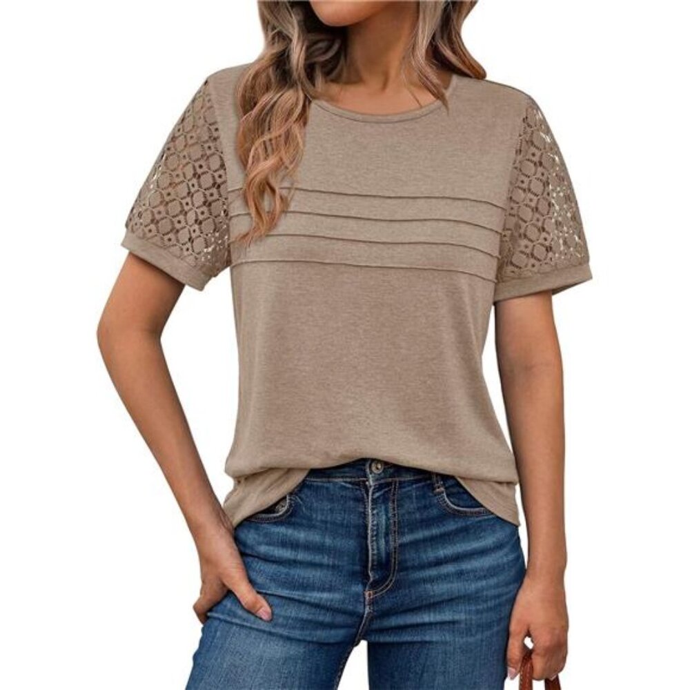 Khaki Women's Short Sleeve Shirts Dressy Lace Summer Tops 2025 Spring Trendy
